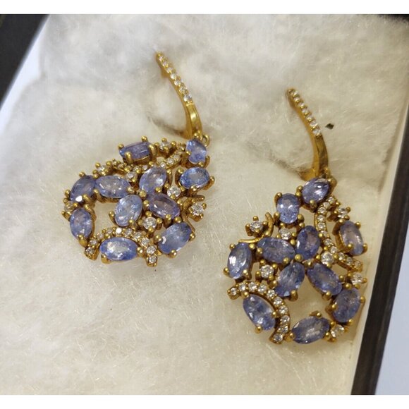 Women's Gold Plated  Sterling Silver Earrings 2" x 3/4"   Purple Tanzanite  & CV - Picture 1 of 9